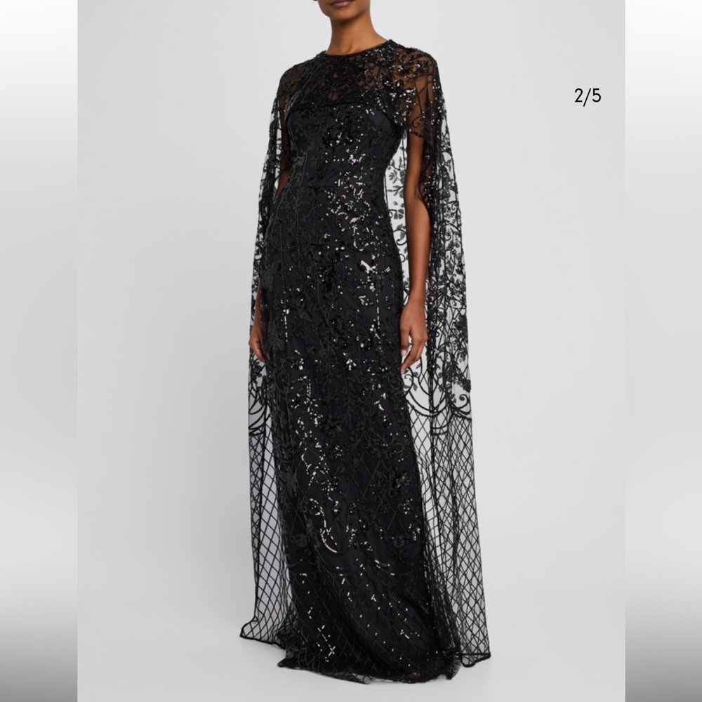 Marchesa**Black Sequin Cape Lace Gown***US 8***$1095